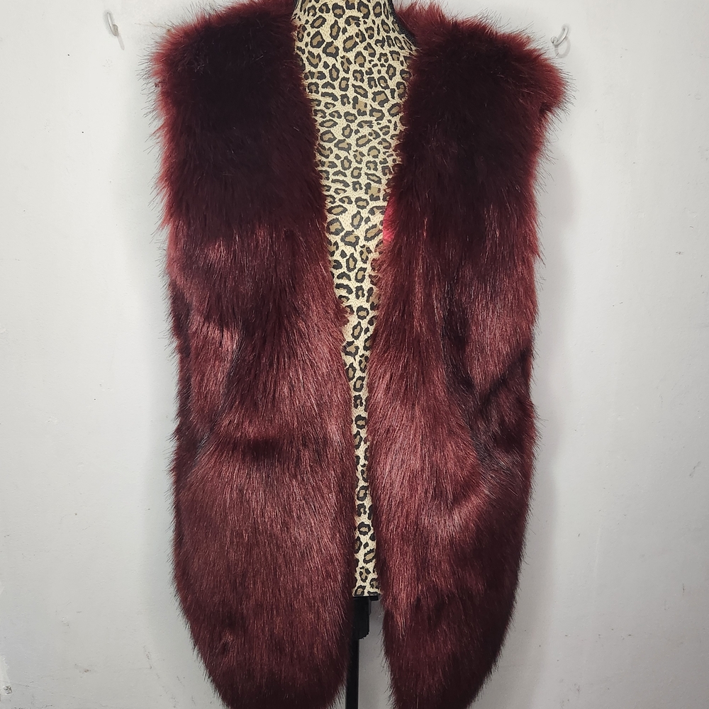 Women's Faux Fur Vest in Deep Burgundy/ Red Satin